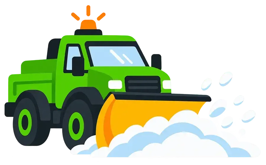 Green snowplow clearing snow with orange blade and flashing lights