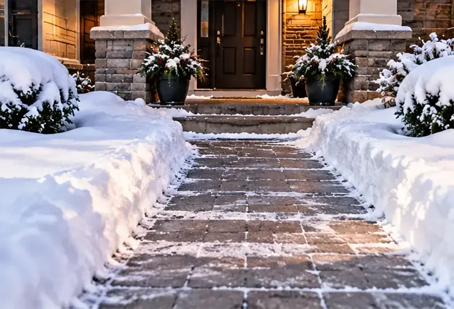 Snow-covered front walkway leading to a warmly lit brick house entrance with potted plants