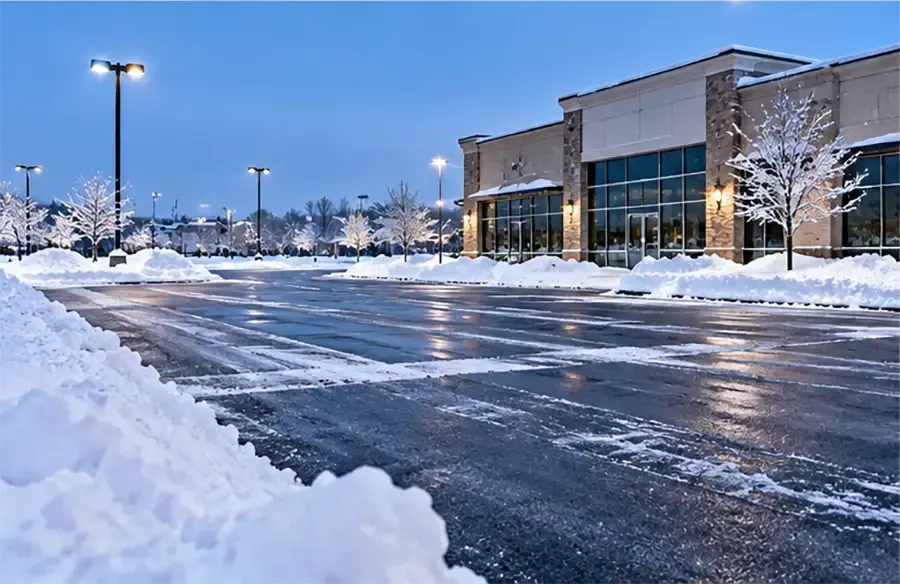 Snowy empty parking lot at dusk with plowed asphalt, streetlights, and a building in the background