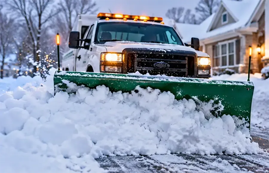 Snowplow clearing a snowy residential street with orange lights on