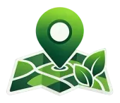 Green map pin over folded map with leaf design, suggesting eco-friendly location search