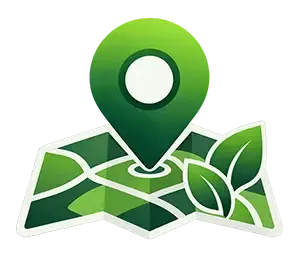 Green map pin over folded map with leaf design, suggesting eco-friendly location search