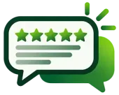 Green chat bubble with five-star rating and text lines, suggesting a positive customer review