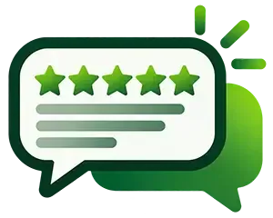 Green chat bubble with five-star rating and text lines, suggesting a positive customer review
