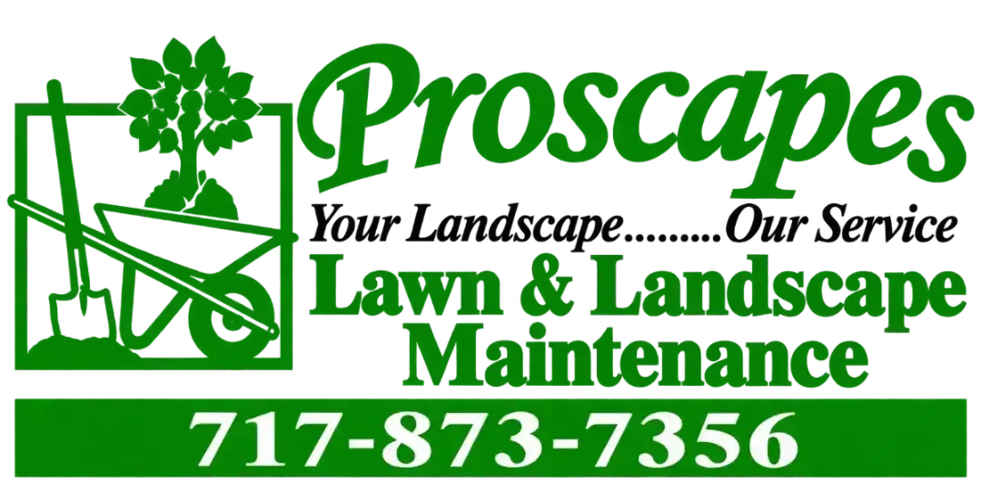 Proscapes lawn and landscape maintenance logo in green with phone number 717-873-7356