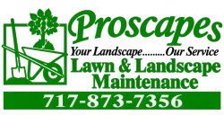 Proscapes lawn and landscape maintenance logo in green with phone number 717-873-7356