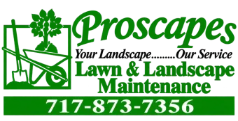 Proscapes lawn and landscape maintenance logo in green with phone number 717-873-7356