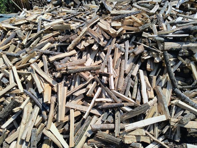 Cumulo di bastoncini di legno tagliati e scarti di legname sparsi all'aperto