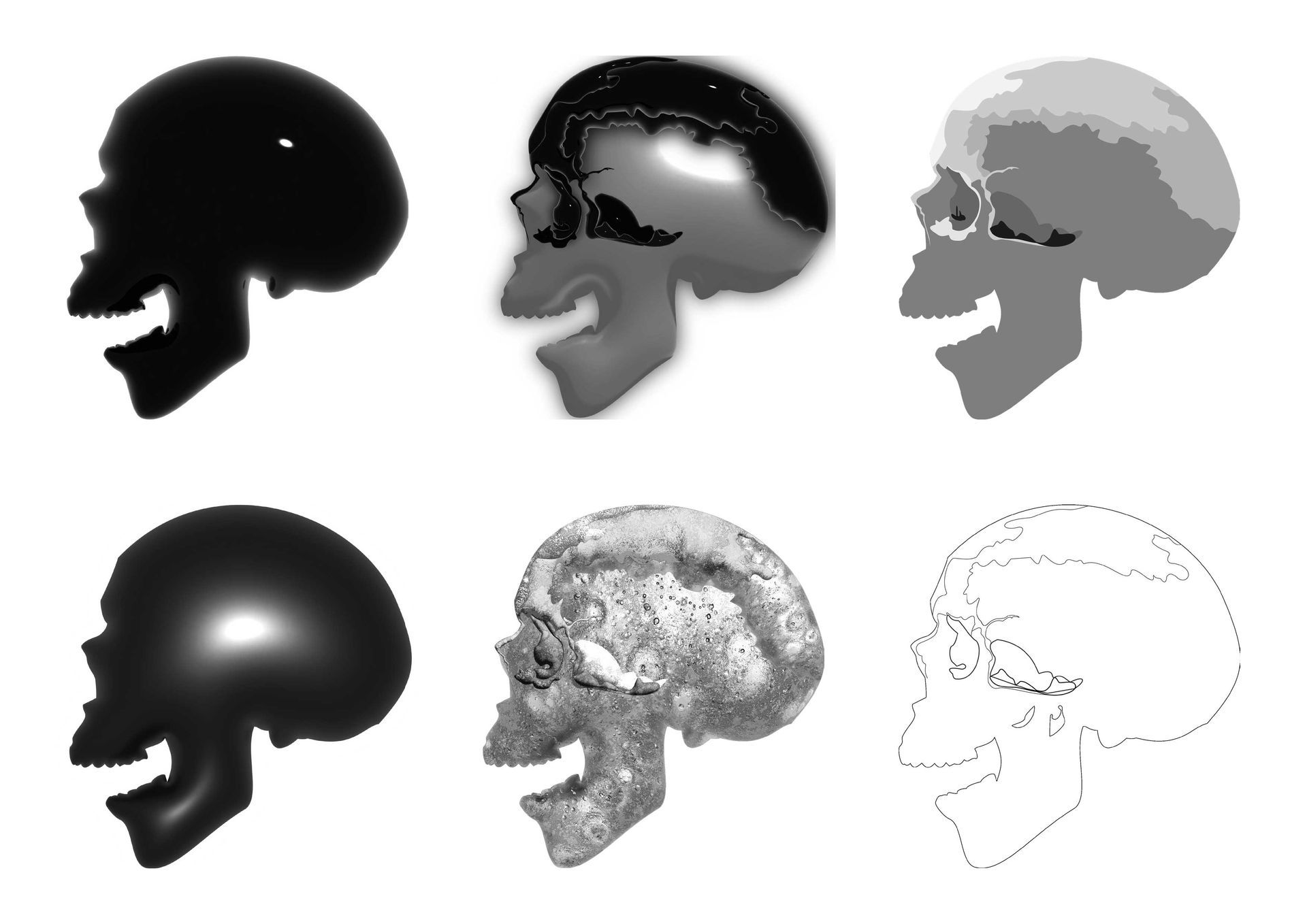 Digital illustration depicting six skulls which were created by experimenting with the 3D tool in Adobe Illustrator.