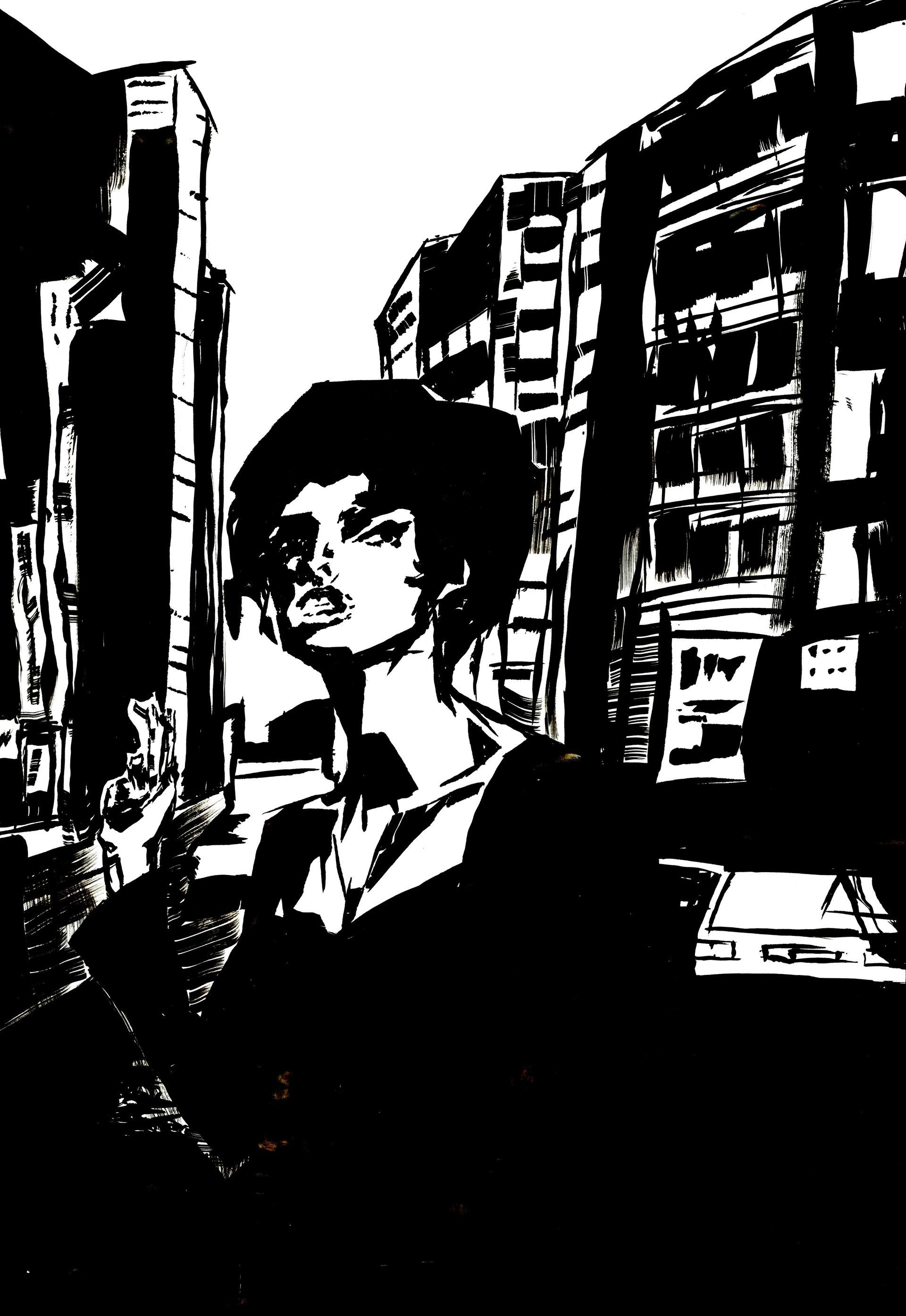 Sketch for an assignment of the preparatory course, depicting a woman in a urban enviroment smoking a cigarette, drawing ink on paper, 29.7 x 42 cm