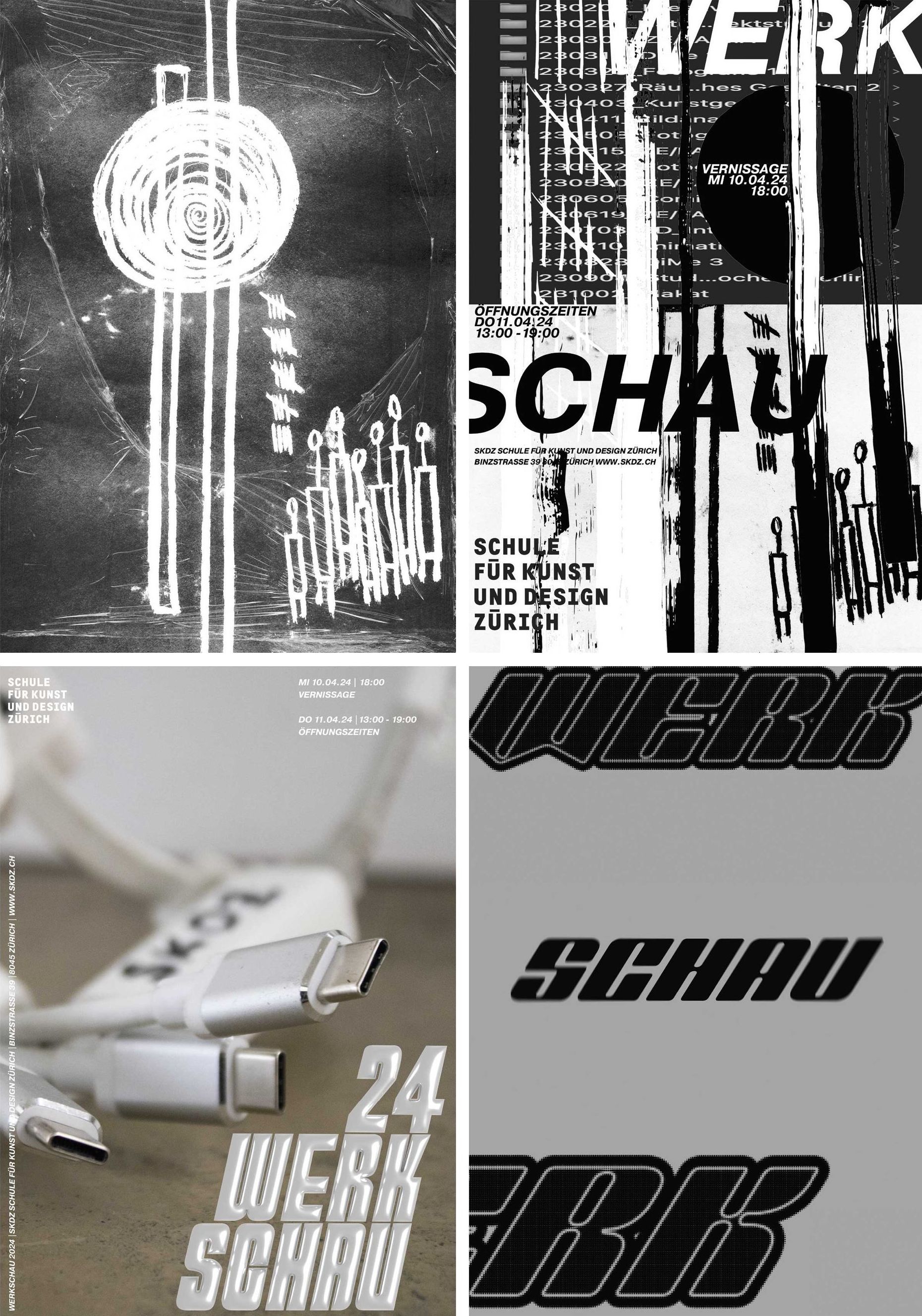 Four poster designs for the Werkschau 2024.
The vernissage of the exhibition will take place on 10 April 2024, with all the works of the GVK TZ 22 A class on display.
Charcoal drawing, scanner, Adobe Photoshop, (4) 29,7 x 42 cm