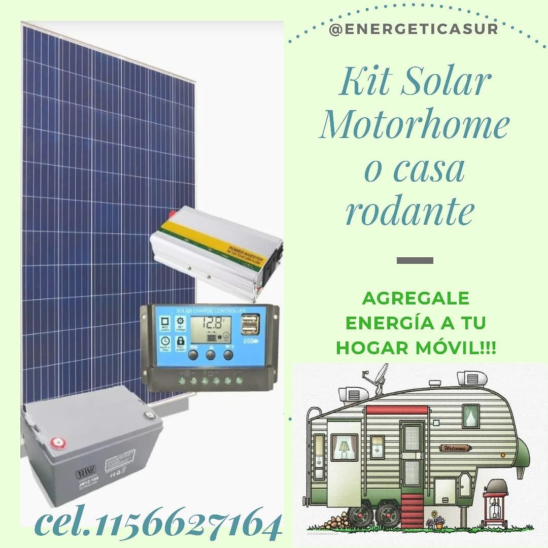 Kit solar para motorhome con panel, batería, controlador y caravana; texto promocional en español.
