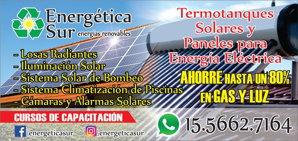 Anuncio de Energética Sur con servicios solares, paneles, calefacción y WhatsApp, sobre fondo azul.
