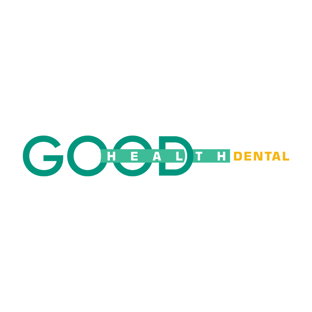 The logo for good health dental is green and orange.