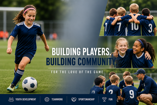 Franklin County Soccer Association youth soccer players with the text “Building Players. Building Community.”