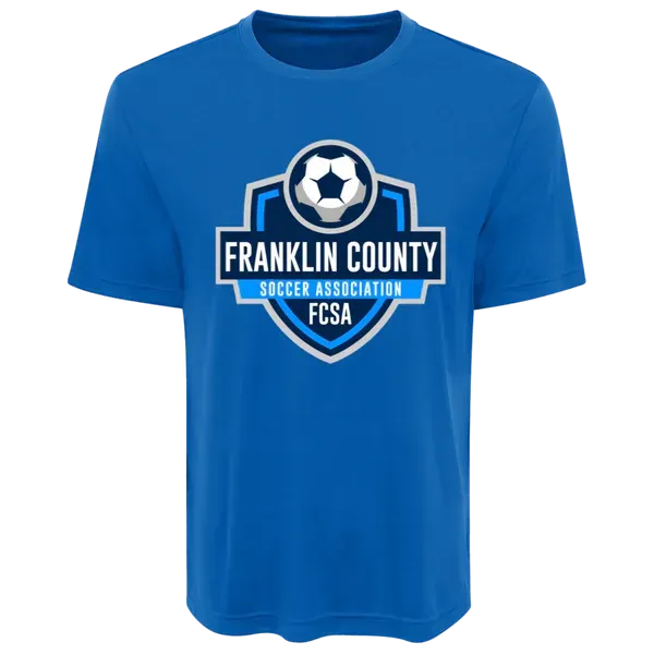 Blue T-shirt with Franklin County Soccer Association logo