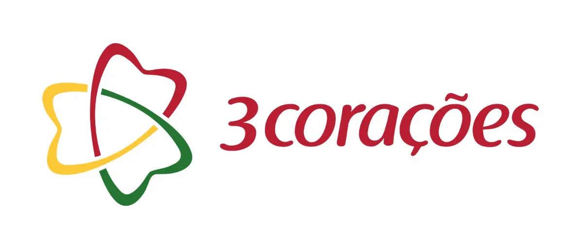 Logotipo da 3 Corações com um símbolo abstrato vermelho, amarelo e verde ao lado do texto vermelho 
