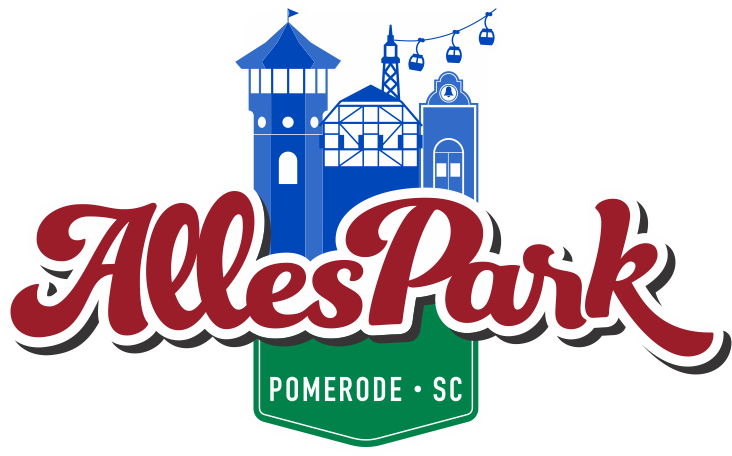 Logotipo do Alles Park em Pomerode, Carolina do Sul, apresentando uma ilustração azul de edifícios em estilo alemão e um teleférico sobre o texto.