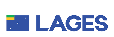 O logotipo do município de Lages, apresentando um retângulo azul com um pequeno canto verde e amarelo, ao lado do texto 