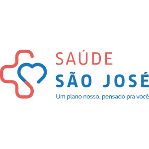 Logotipo da Saúde São José, apresentando uma cruz vermelha e azul entrelaçada com um coração, e o texto em vermelho e azul.