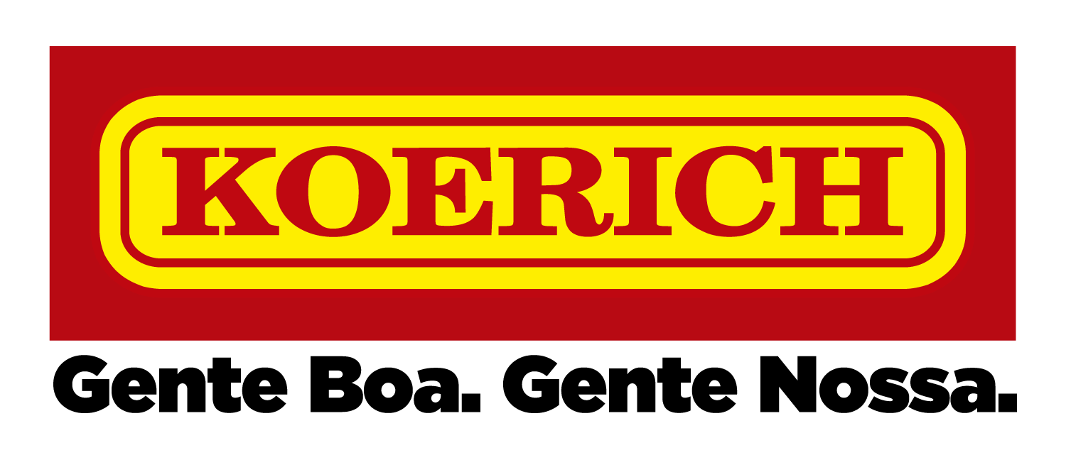 O logotipo da Koerich, com texto vermelho em uma caixa com borda amarela sobre um fundo vermelho, com o slogan 
