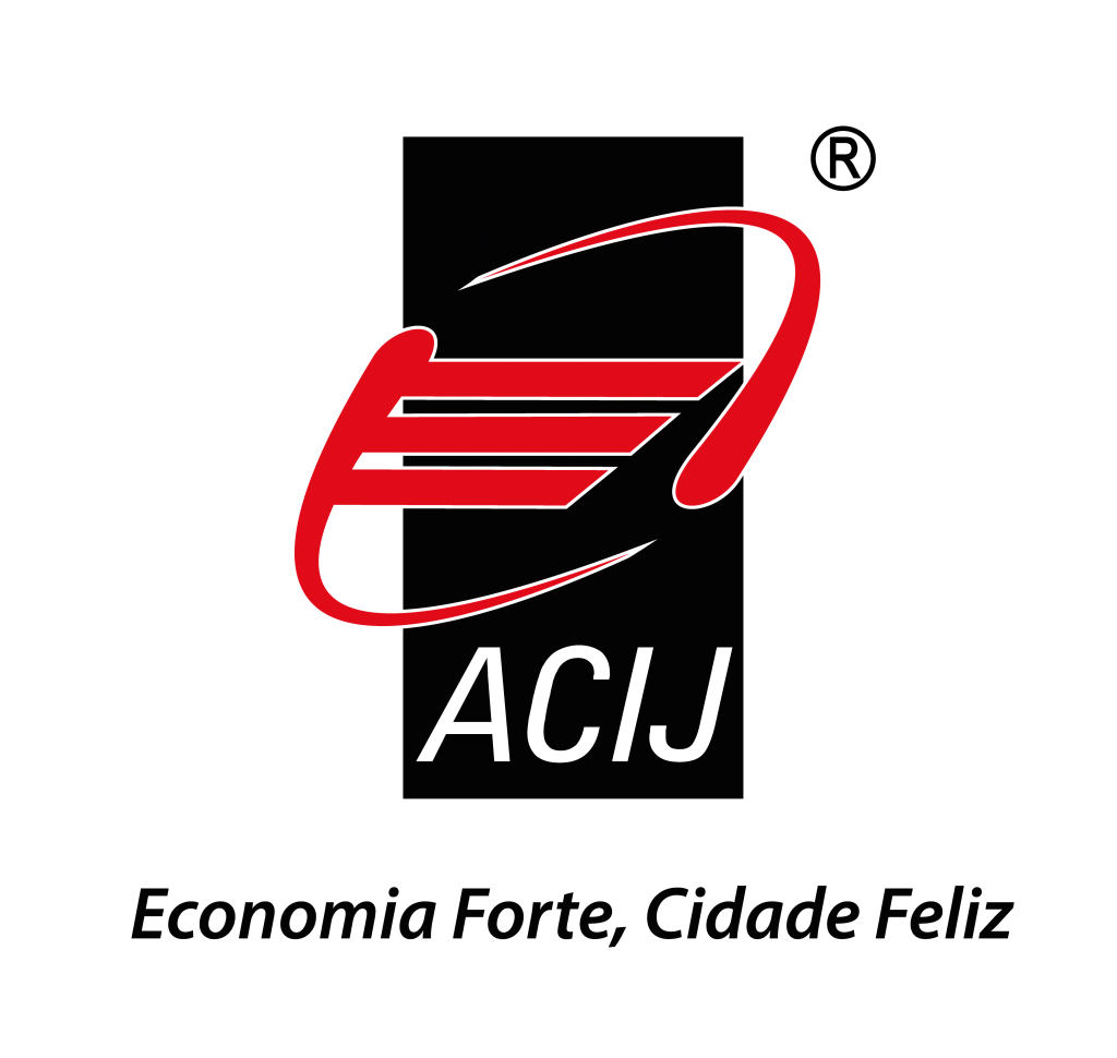 Logotipo da ACIJ, apresentando um gráfico estilizado em vermelho sobre um retângulo vertical preto, com o texto 