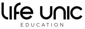 O logotipo da Life Unic Education apresenta o texto preto 