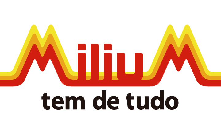 Logotipo da Milium com o nome da marca em vermelho, amarelo e laranja, acima do slogan em português 
