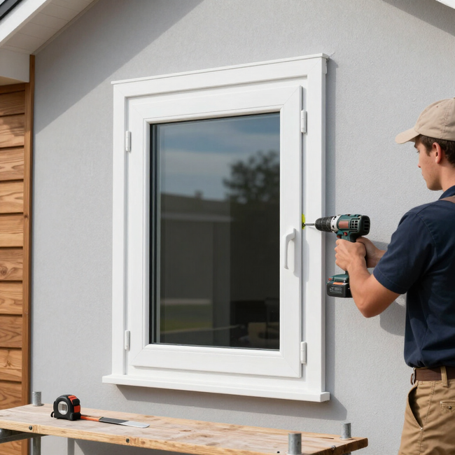 Worker drilling a white window frame into a gray exterior wall