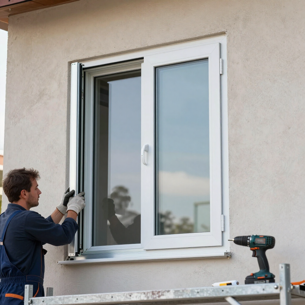 Worker installing a white window frame on an exterior wall with a drill nearby