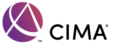 CIMA logo with a purple and pink globe with the letter "A" inside, and the word "CIMA" in black.