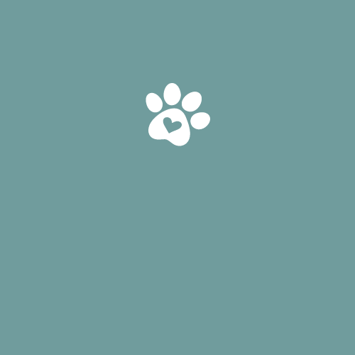 White paw print with a heart on a teal background.