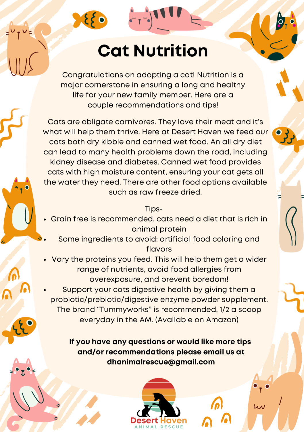 Cat nutrition guide with cartoon cat illustrations and tips on feeding and health.