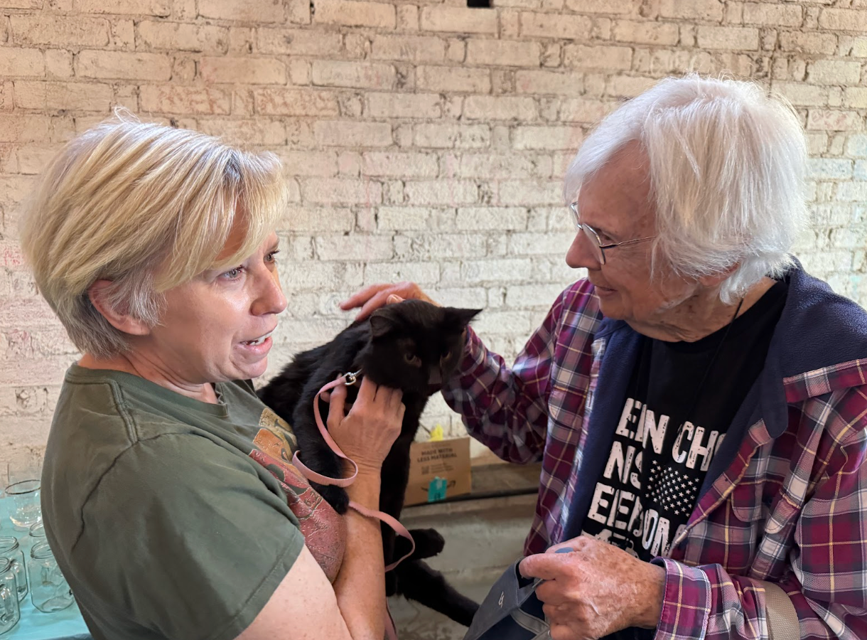 Woman holding black cat, man petting it; against brick wall background.
