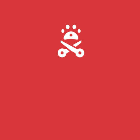 White paw print and scissor logo on red background.
