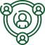 Green hands reaching towards a heart in the center, symbolizing care and support.