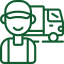 Green icon of interconnected elements: factory, package, warehouse, person, all linked to a central gear.