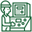 Green icon of interconnected elements: factory, package, warehouse, person, all linked to a central gear.