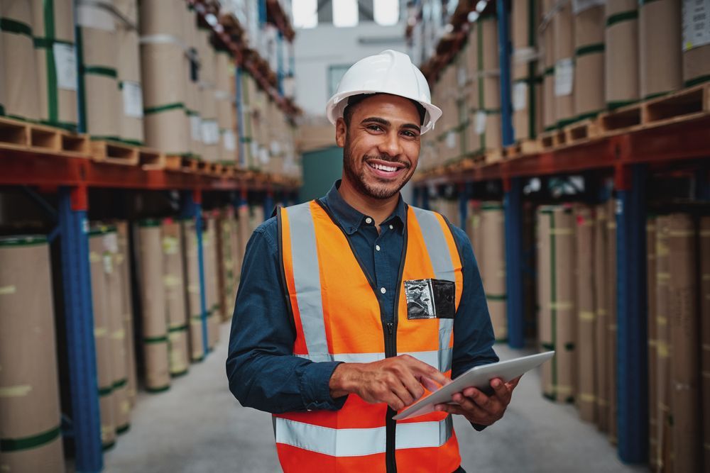 A man is standing in a warehouse holding a tablet.