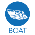 Bateau blanc à l'intérieur d'un cercle bleu avec le mot « BATEAU » en dessous.