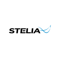 Texte « STELIA » noir avec un motif en forme de virgule bleue sur fond blanc.