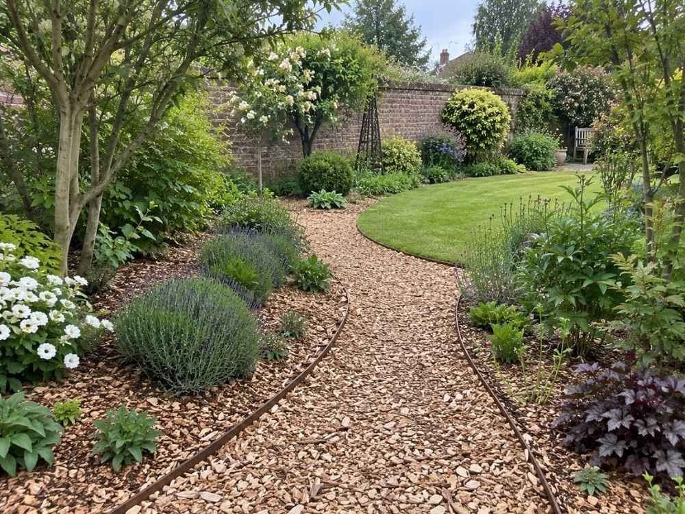 Fresh wood chip mulch spread along a garden border and bark path between shrubs
