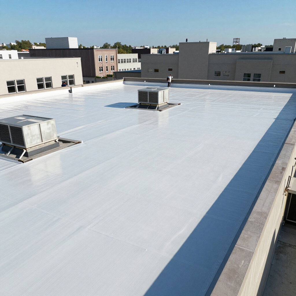 Gray asphalt shingle roof with skylight, trees, and sky.