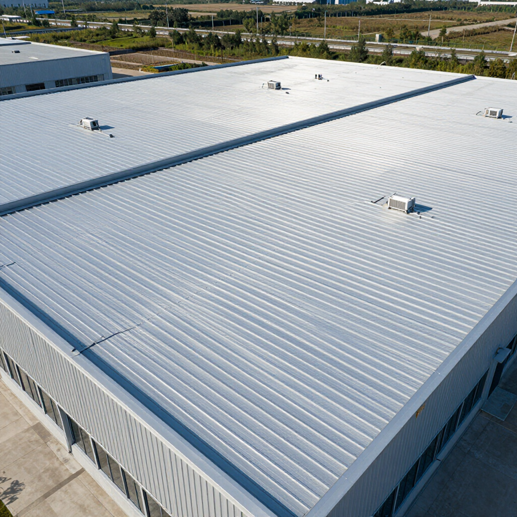 Gray metal roof on a white building, gravel surrounding the base, bright sunny day.