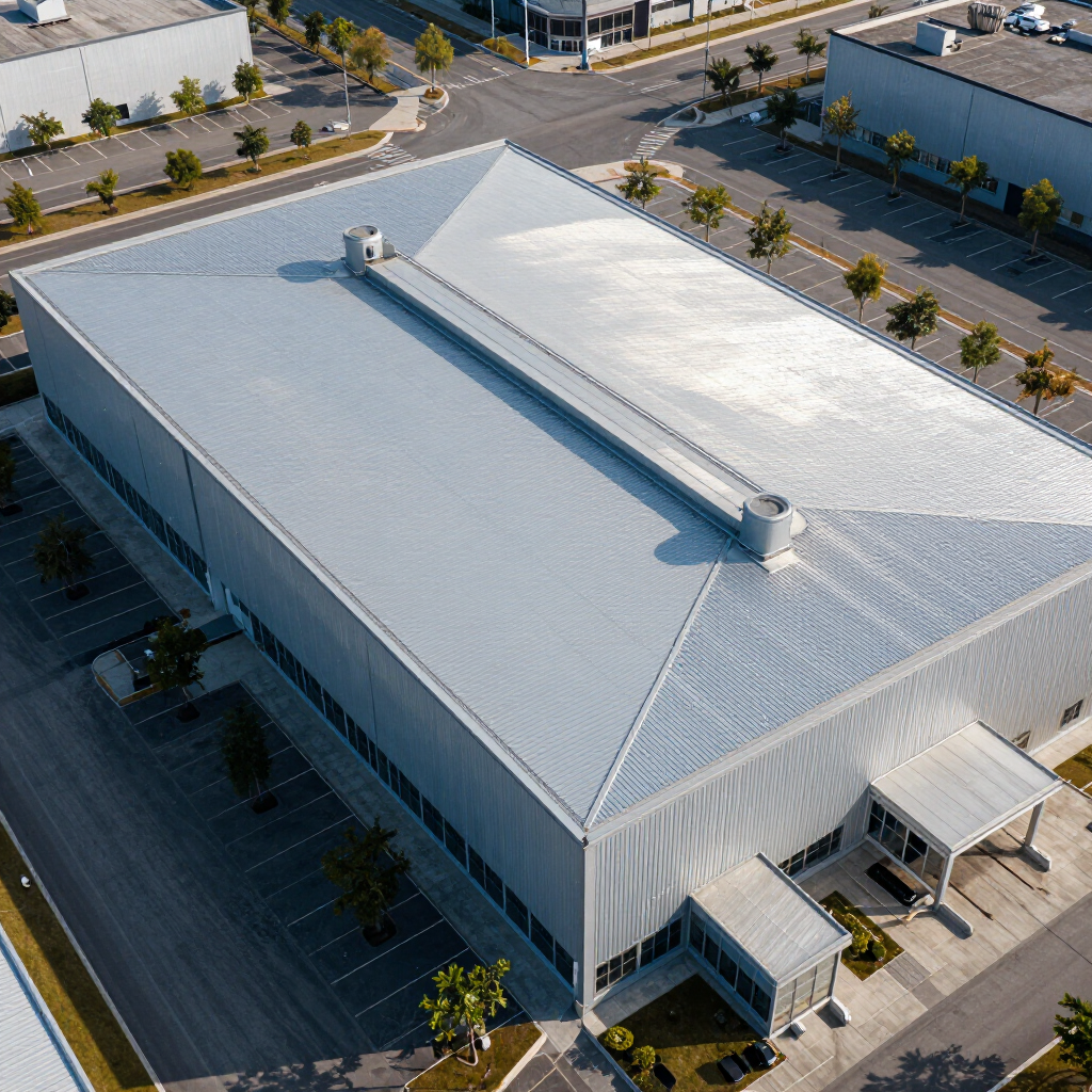 Two roofers in hard hats and safety gear installing metal panels on a rooftop. Two roofers in hard hats and safety gear installing metal panels on a rooftop.