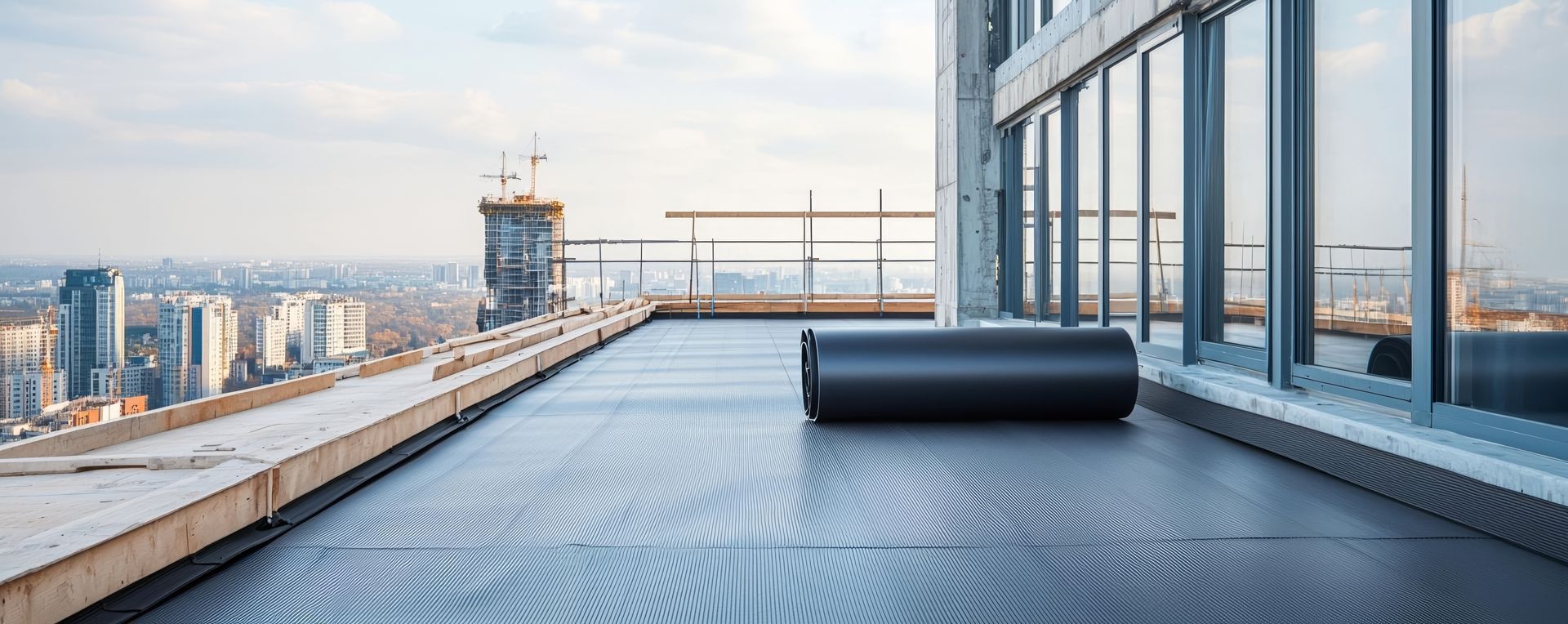 Roll of roof coating membrane on a flat commercial rooftop overlooking a city.