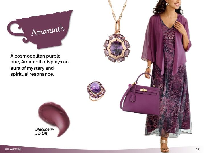 Purple fashion collage featuring amaranth flowers, jewelry, lipstick, and a patterned dress