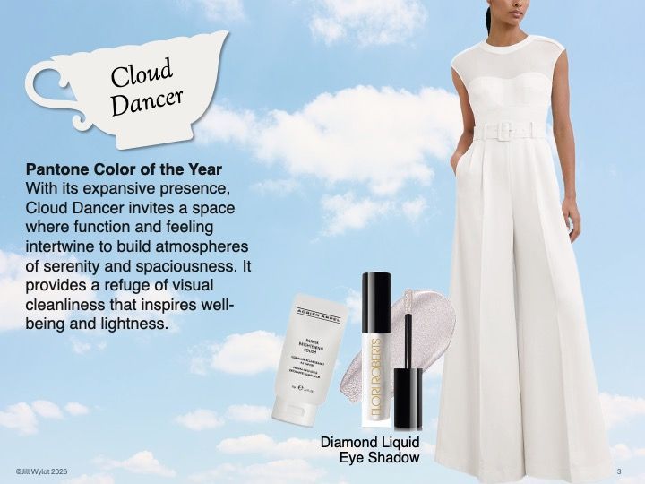 Woman in white dress beside Pantone Cloud Dancer beauty products on a blue sky background