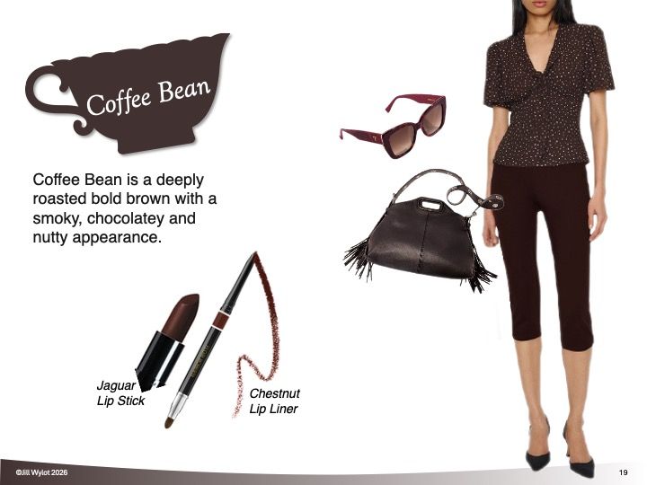 Coffee Bean makeup look with brown clothing, sunglasses, bag, and lipstick shades.