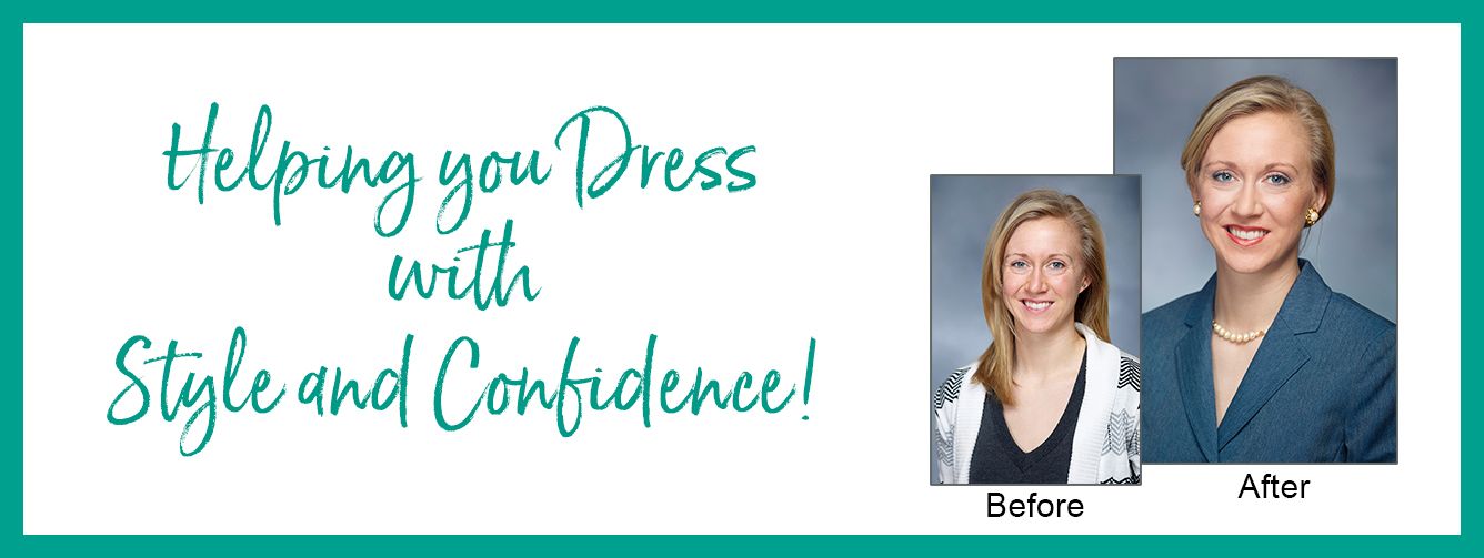 Helping you dress with style and confidence; smiling woman with portraits on green background